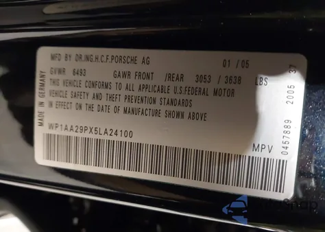 2005 Porsche Cayenne z USA, uszkodzony, nr VIN WP1AA29PX5LA24100